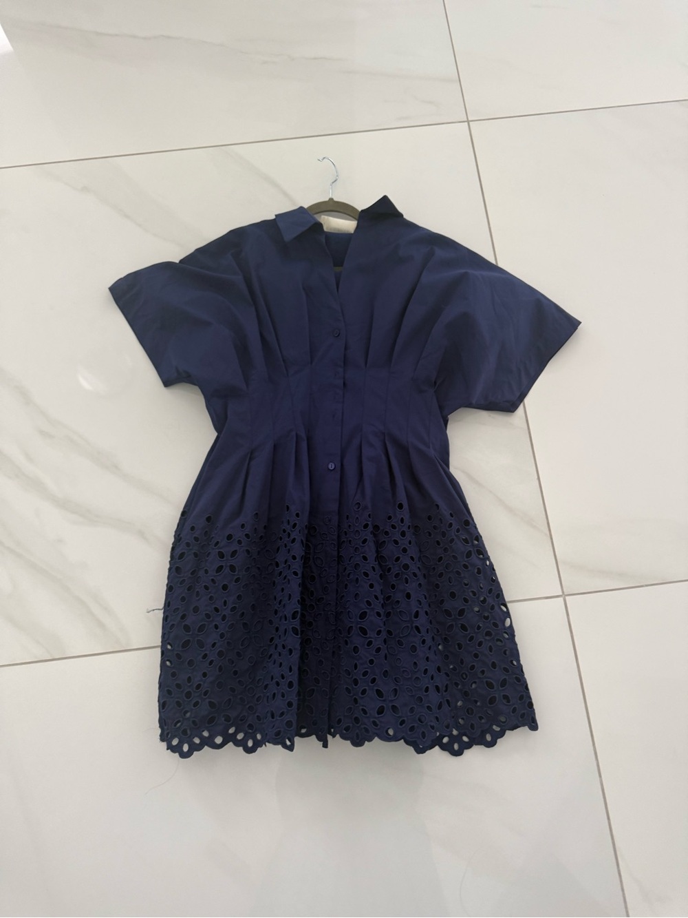 Navy Eyelet Hem Shirt Mini Dress